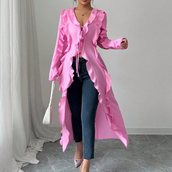 Pink Casual Women's Elegant Long Sleeve Ruffle Blouse - Picture 3 of 7